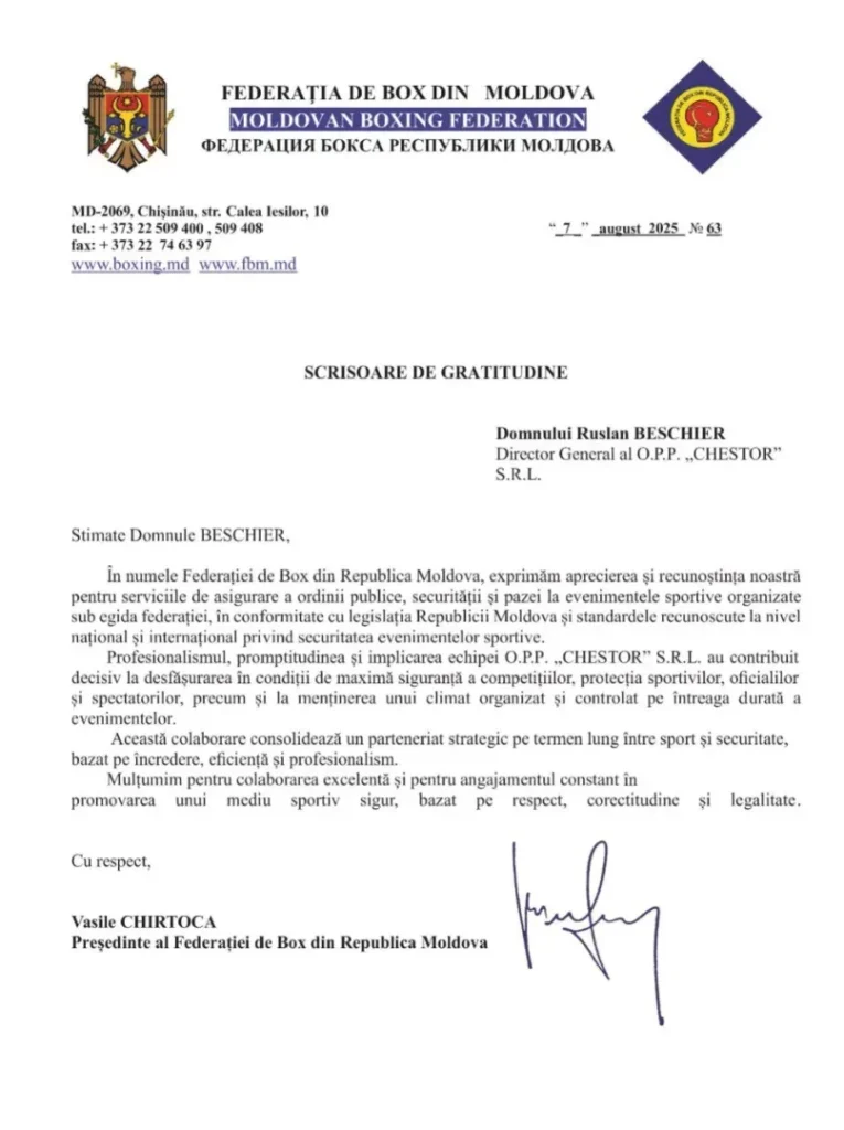 scrisoare de multumire federatia box Chestor